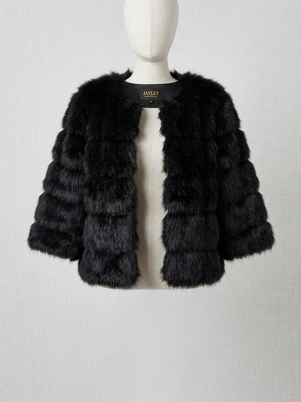 Jayley Black Faux Fur Teddy Jacket - 3/4 Length Sleeves